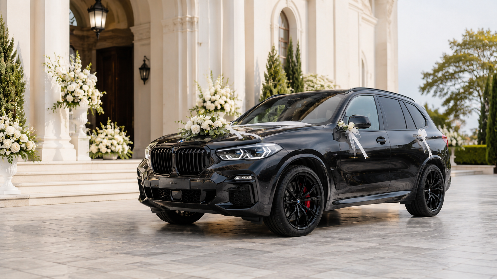 Auto do ślubu Kluczbork – czarne BMW X5 z dekoracją przed kościołem